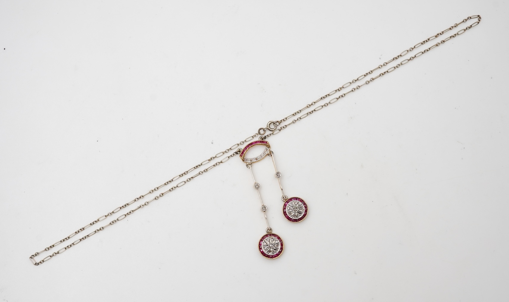 An Art Deco synthetic ruby and diamond pendant, France, 1920s